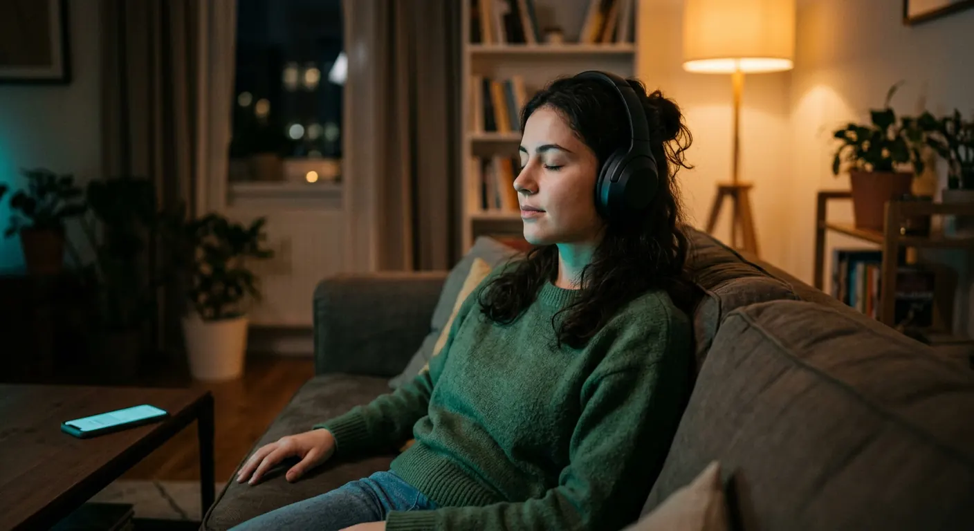 A listener wearing over-ear headphones in a softly lit room, eyes closed, focused on music
