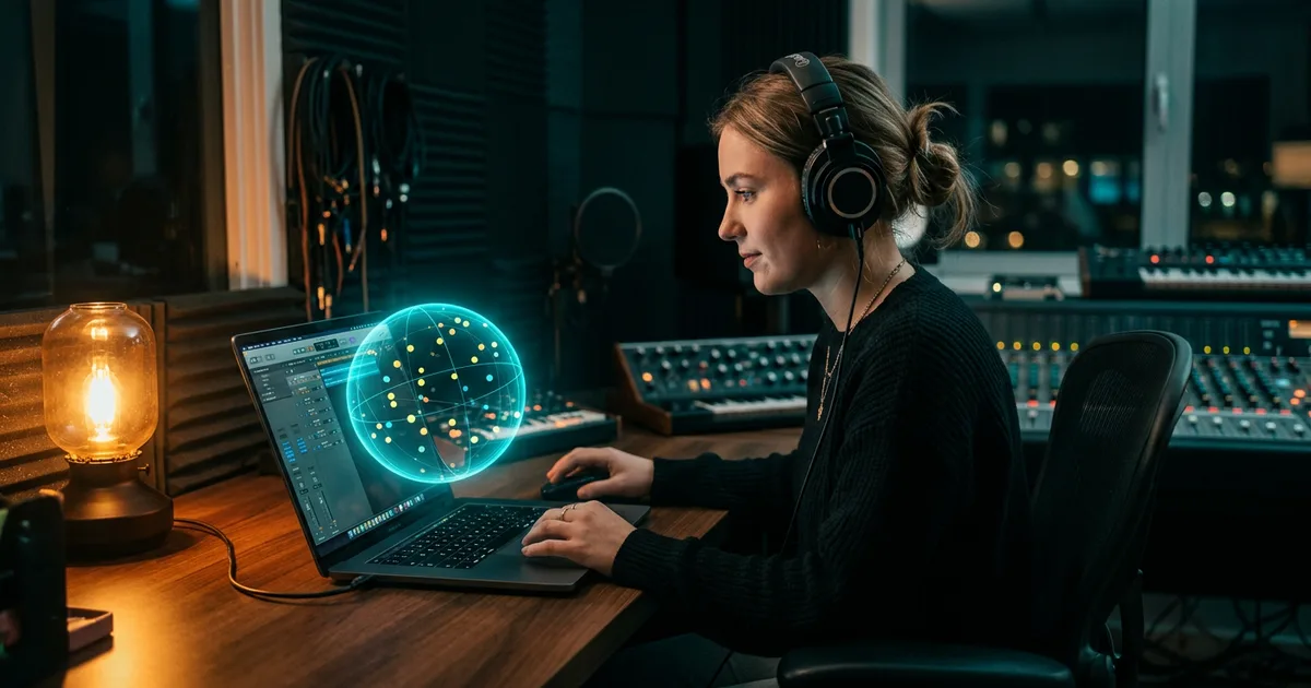 Music student in headphones at a laptop showing a glowing 3D sound sphere in a dim studio