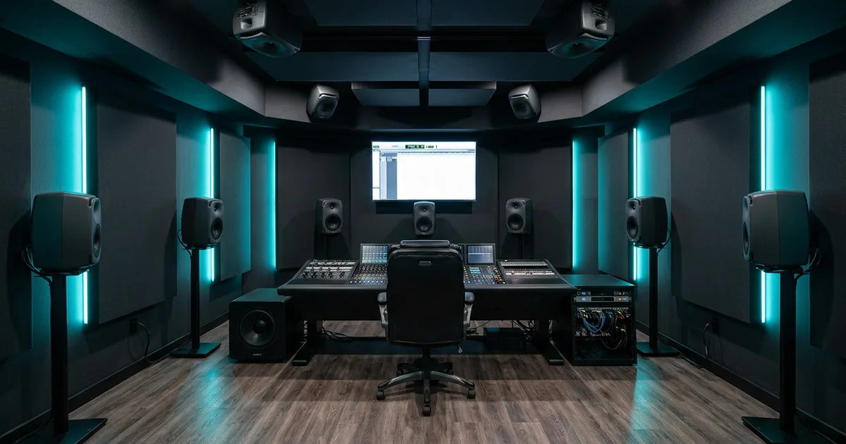 Immersive audio studio with seven ear-level speakers, a subwoofer and four ceiling speakers around an empty mixing chair