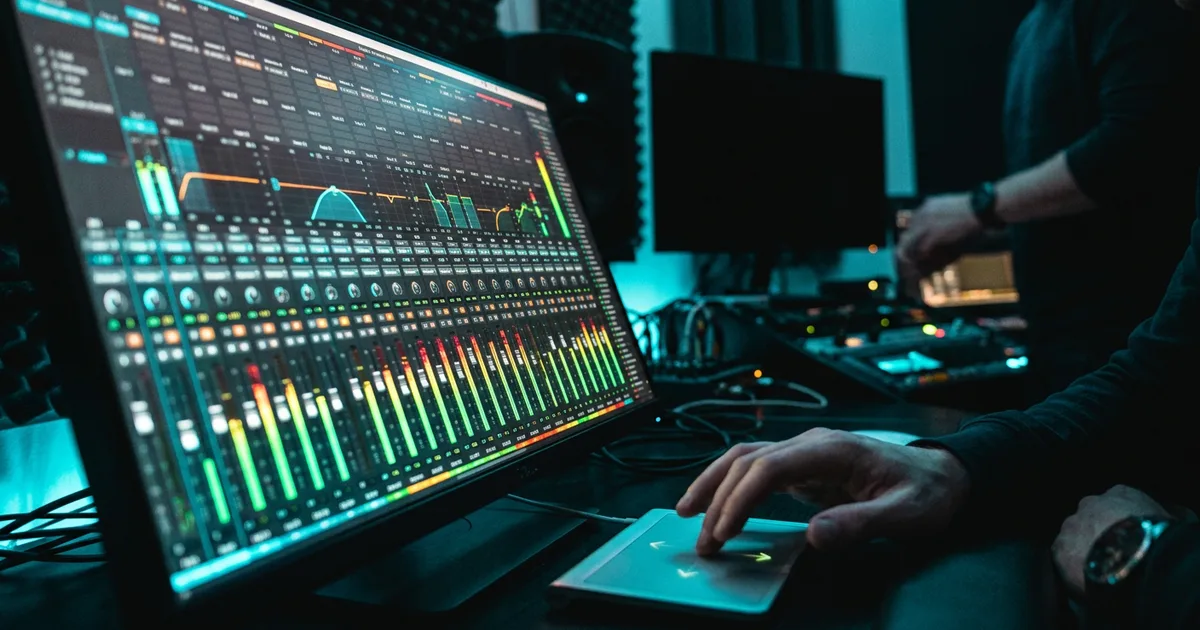 Digital mixing console with vertical faders and green, yellow and red level meters on a monitor in a dark studio