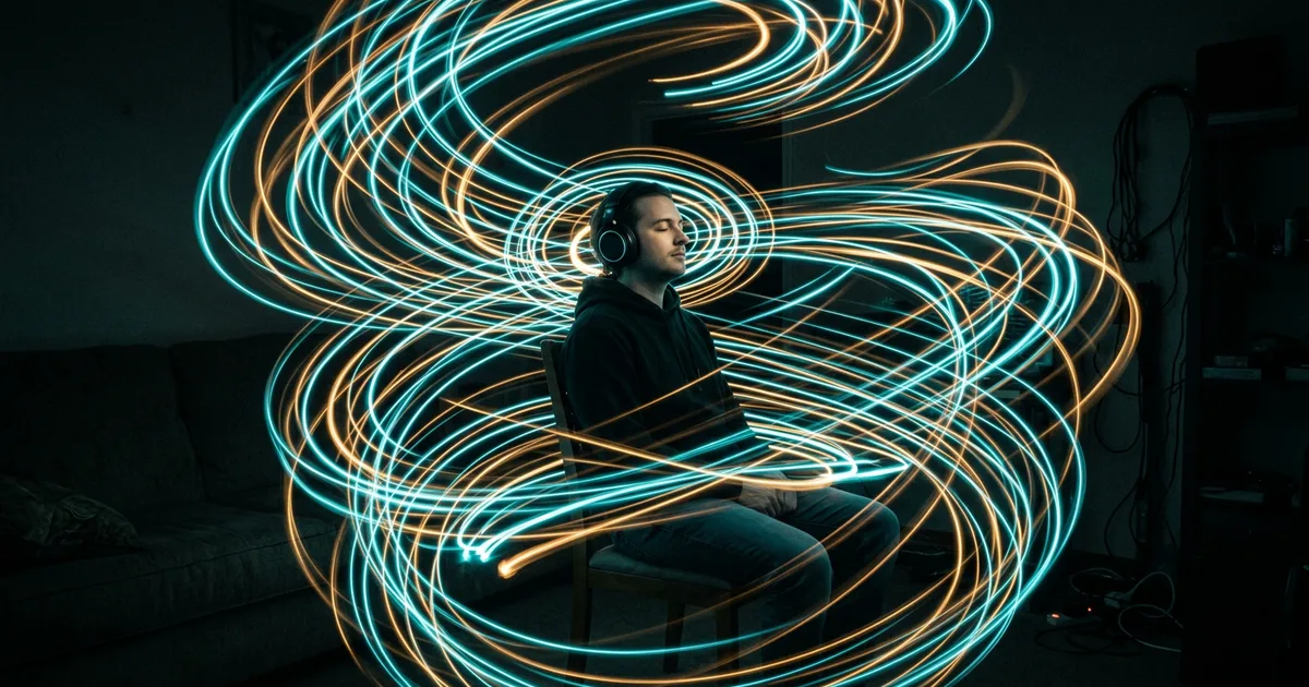 Long-exposure light trails orbiting a seated listener wearing headphones in a dark room
