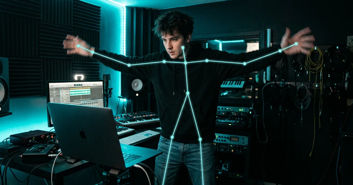 Music producer with outstretched arms in front of a laptop webcam with skeleton tracking lines over the body