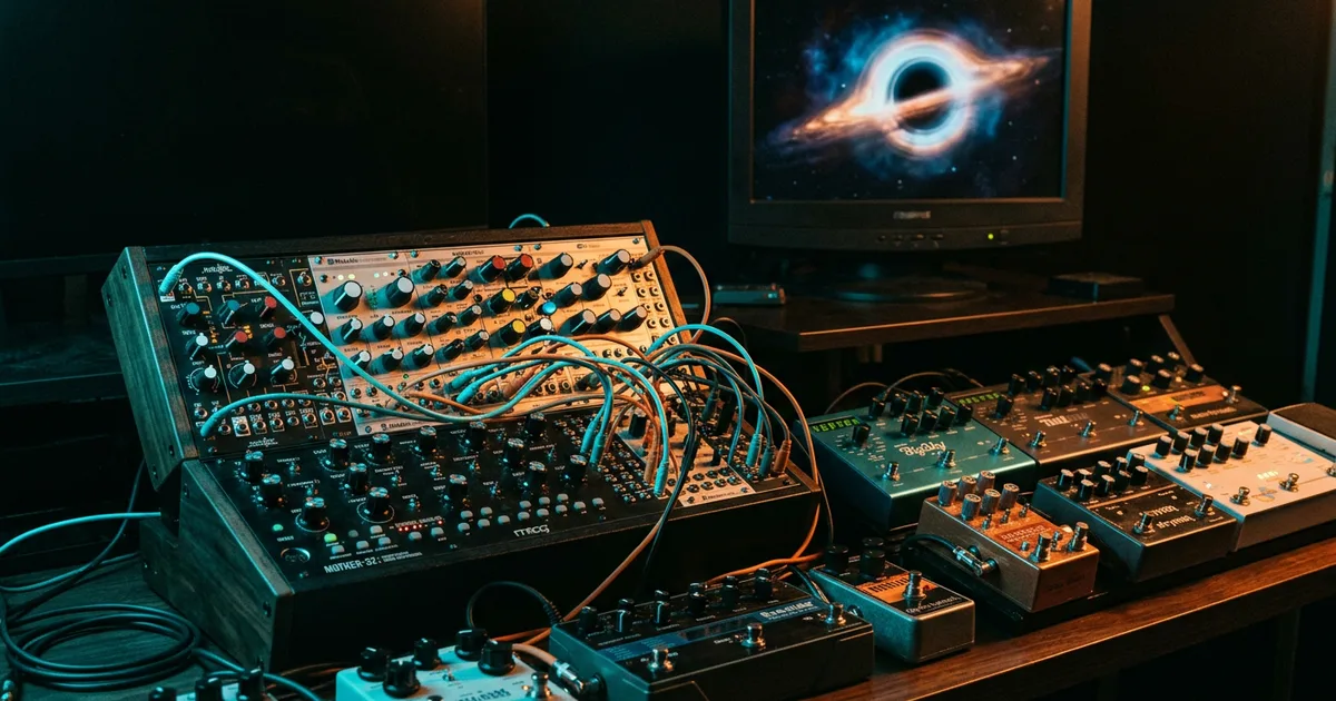 Modular synthesizer and effects pedals lit in cyan and orange with a nebula image glowing on a monitor behind