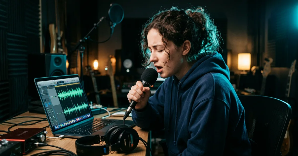 Student with eyes closed imitating a sound into a small microphone in front of a laptop showing a waveform