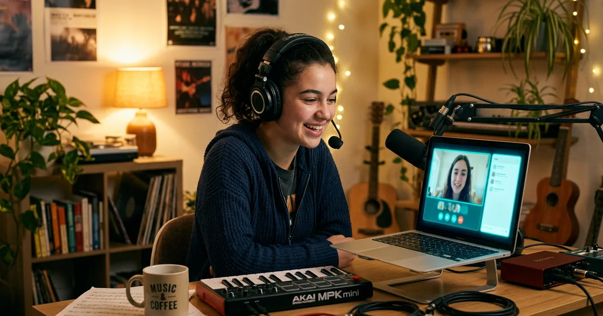 Smiling music student in headphones talking to a laptop with a glowing chat window in a cozy home studio