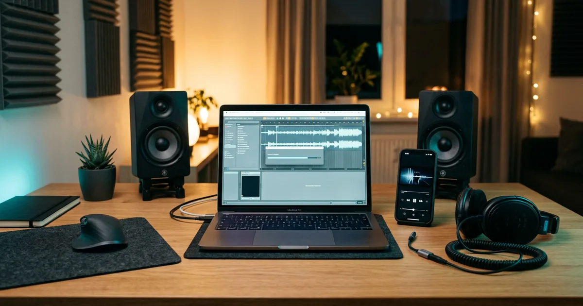 Laptop rendering an audio export beside a phone playing a video with headphones and small studio monitors on a clean desk