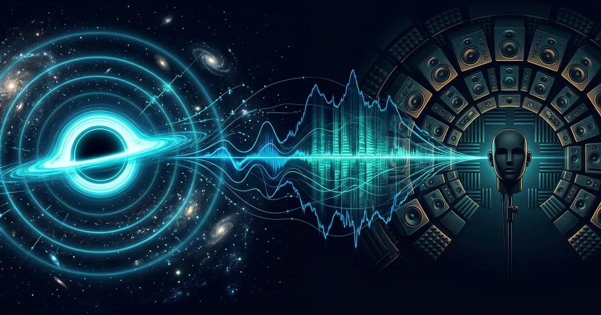 Black hole pressure waves turning into audio waveforms that flow into a dome of studio speakers around a dummy head