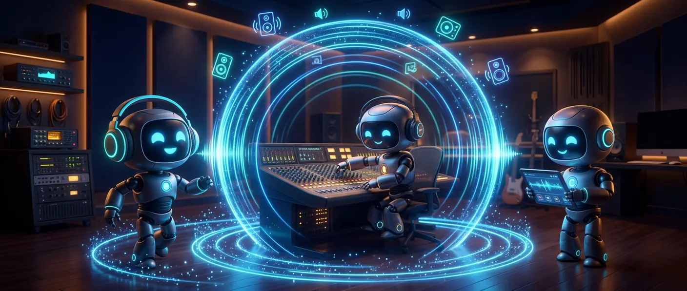 Three friendly robot agents in a night-time studio, one dancing in headphones, one at a mixing console, surrounded by glowing rings of 3D sound