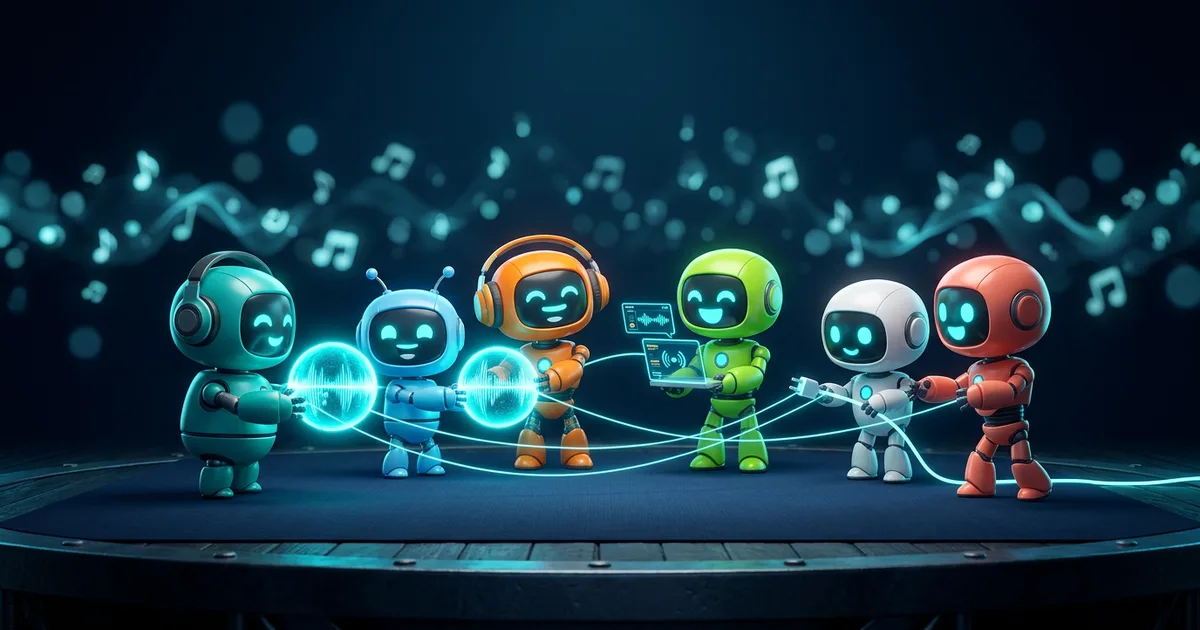 Six colourful cartoon robots happily passing a glowing sound orb between them in a dark studio lit with cyan light