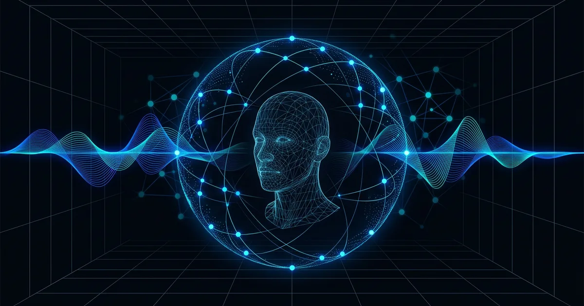 Wireframe listener head surrounded by a glowing sphere of blue and cyan sound sources and motion paths, representing AI spatial audio research.