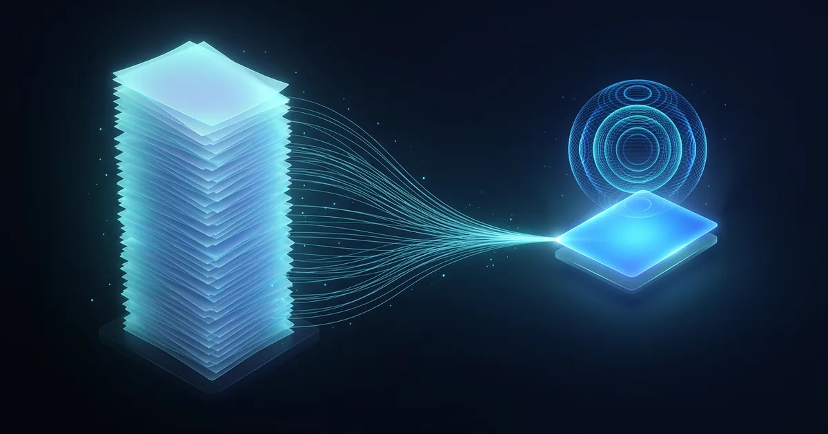 A tall stack of research papers condensing into a single glowing card with a 3D sound map, on a dark blue background
