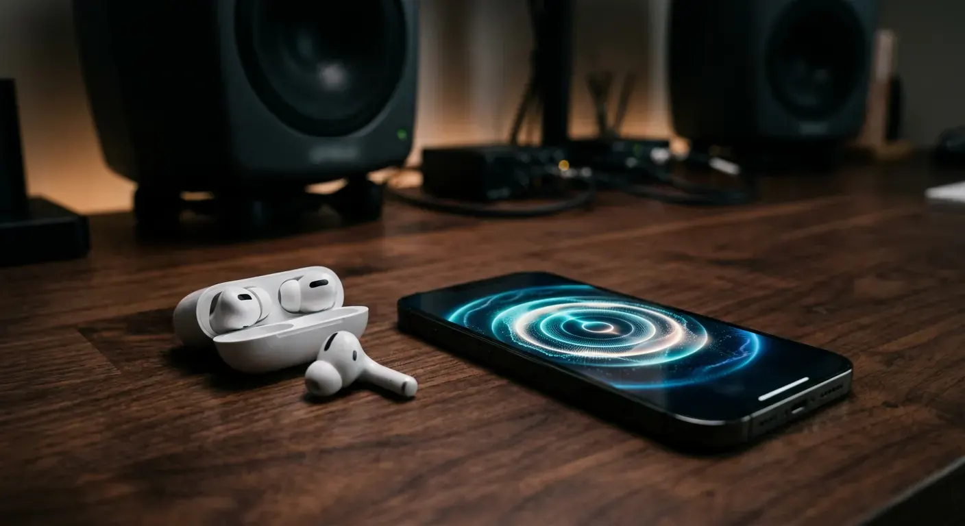 Wireless earbuds and a smartphone playing music on a studio desk in front of a speaker