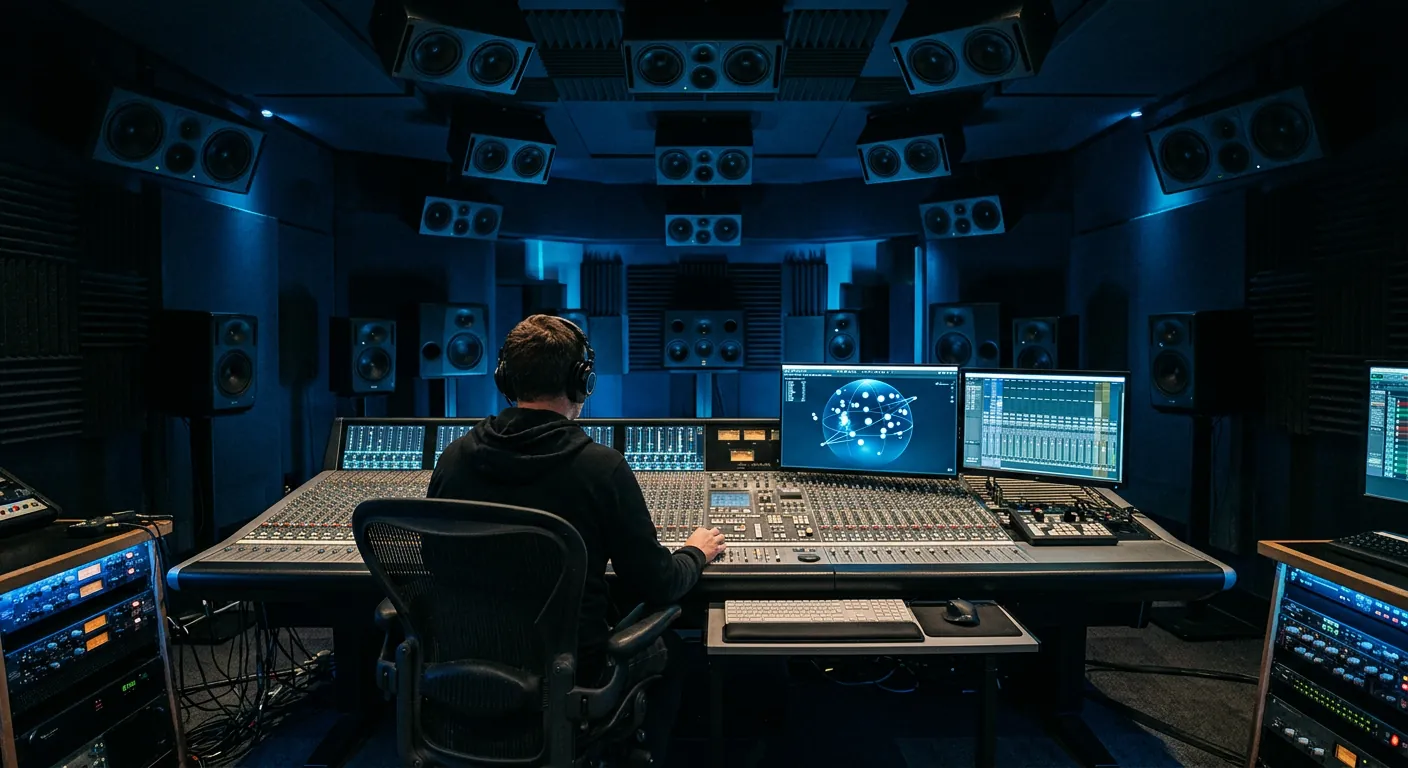 Engineer at a mixing desk in an immersive studio with wall and ceiling speakers, preparing Dolby Atmos and Eclipsa Audio deliveries