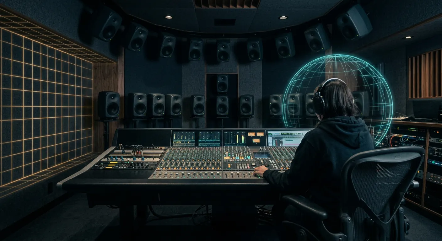 Studio desk with a pair of headphones and a monitor speaker array arranged around the listening position