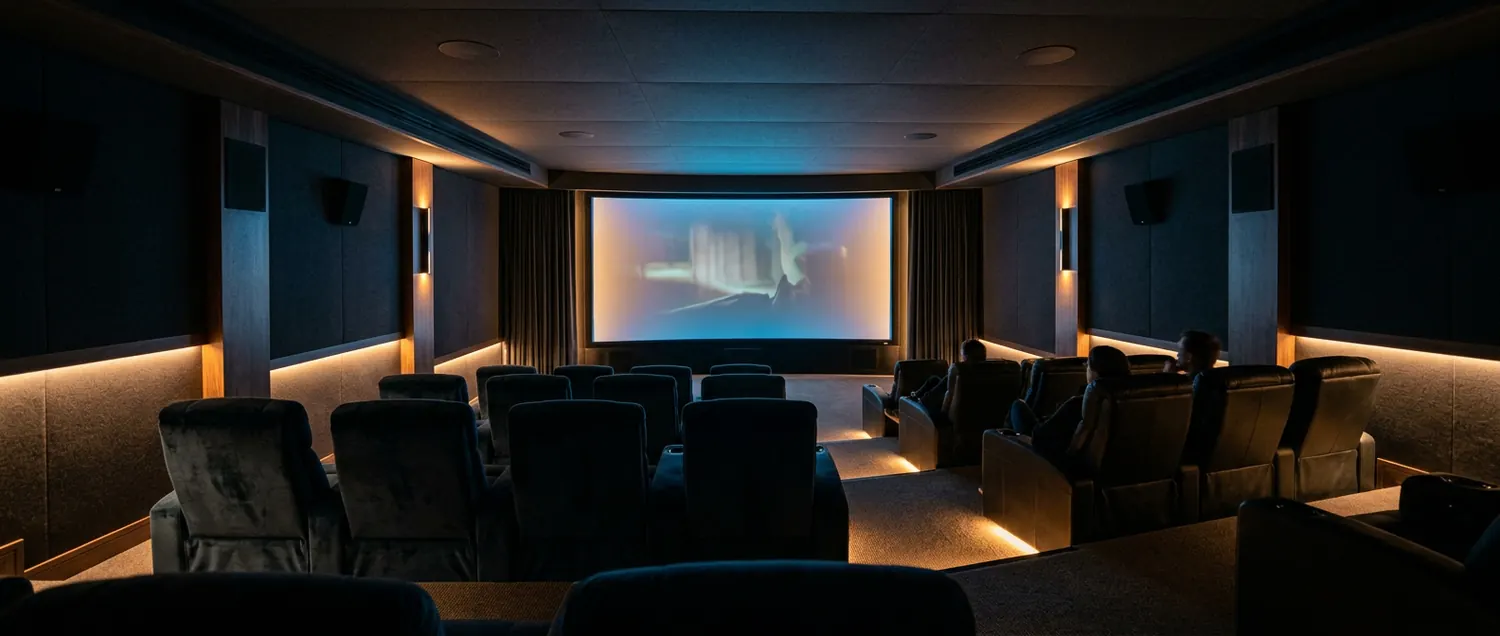 Dark home cinema room with a large glowing screen, rows of seats and discreet wall speakers