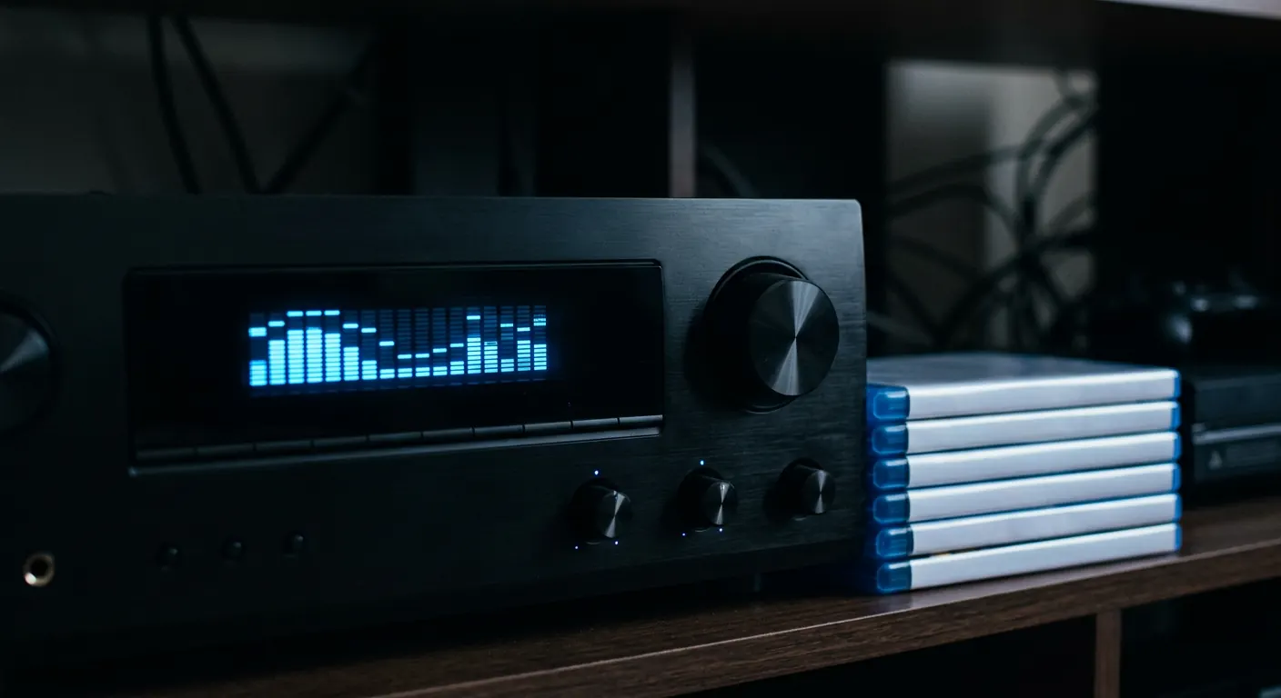 Front panel of a black home cinema receiver with a glowing level display next to a stack of Blu-ray cases