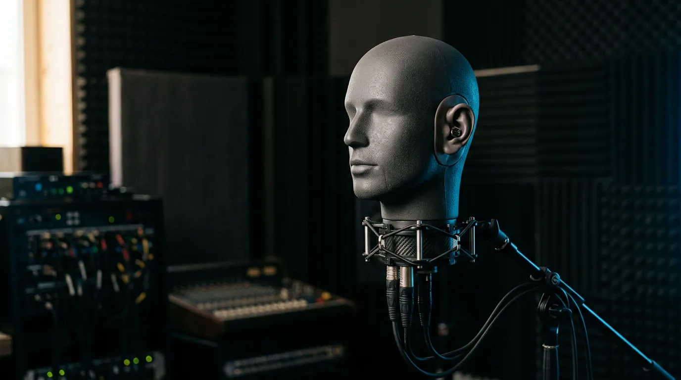 A dummy-head binaural microphone on a stand in a dark recording studio