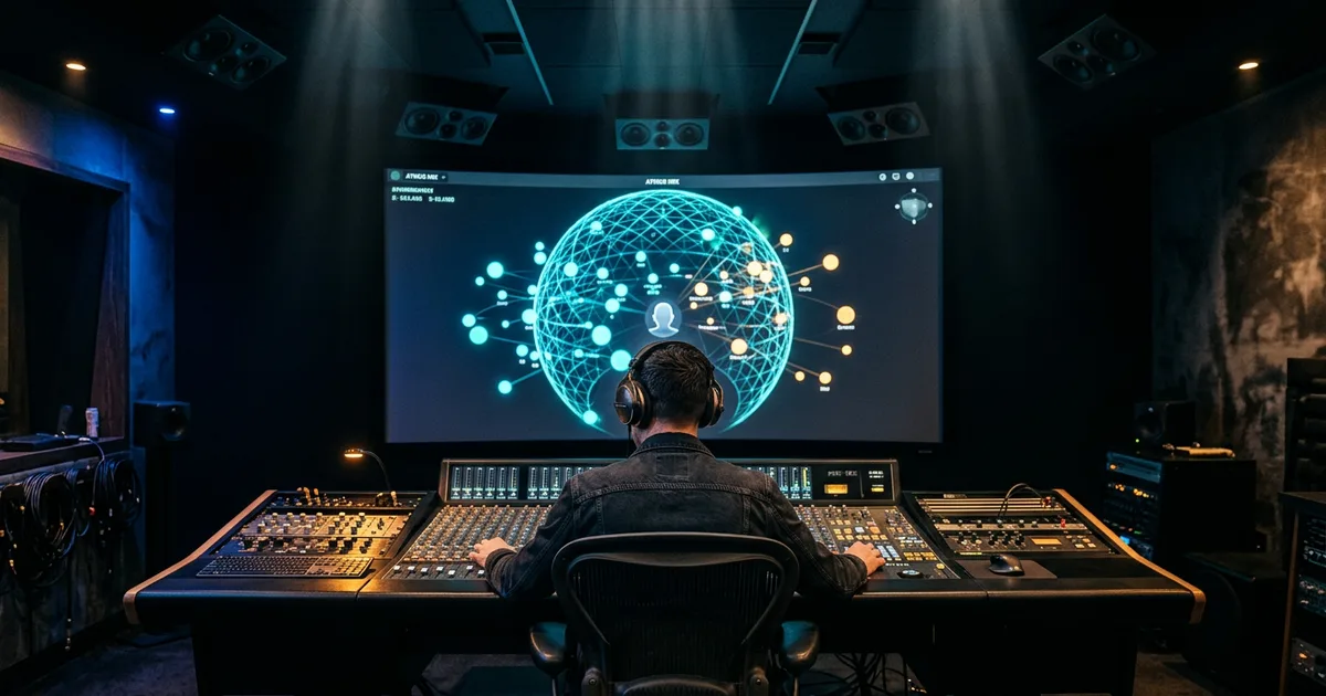 A producer wearing headphones at a mixing console in a dark immersive studio, facing a large screen with a glowing 3D sphere of sound objects around a listener