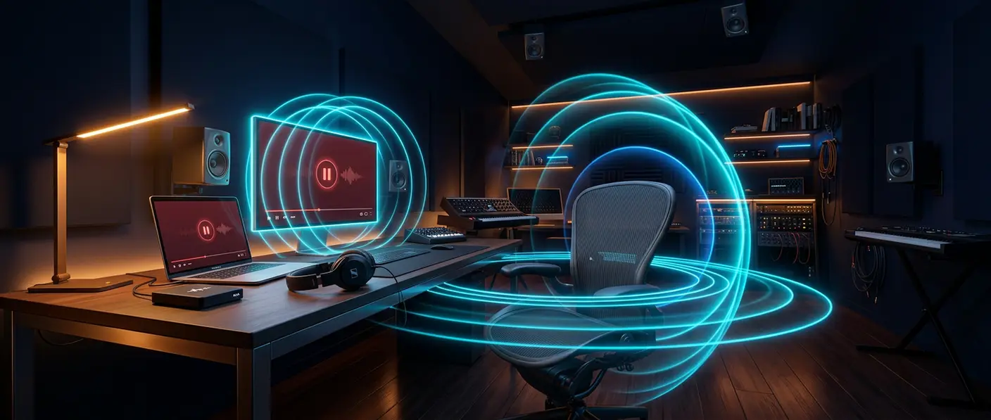 A home studio at night with a large monitor showing a video player, studio speakers and glowing rings of sound spreading through the room