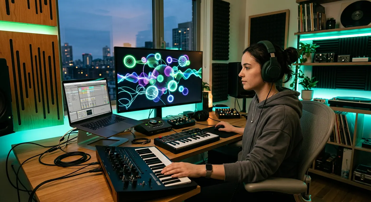 Music producer wearing headphones in a home studio at dusk, with a 3D sound sphere visualisation on the monitor
