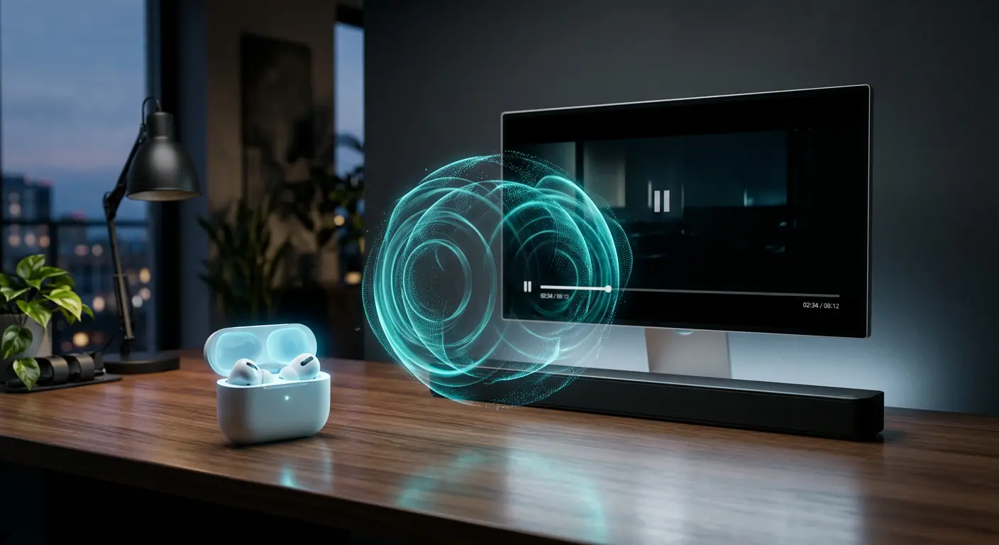 White wireless earbuds in an open case on a wooden desk next to a monitor and soundbar, with glowing teal rings of sound between them