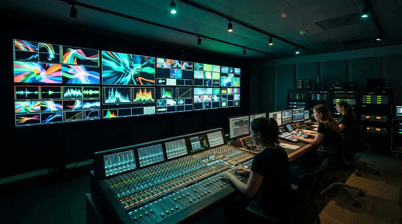 Television broadcast control room at night with a wall of monitors and a large audio mixing console
