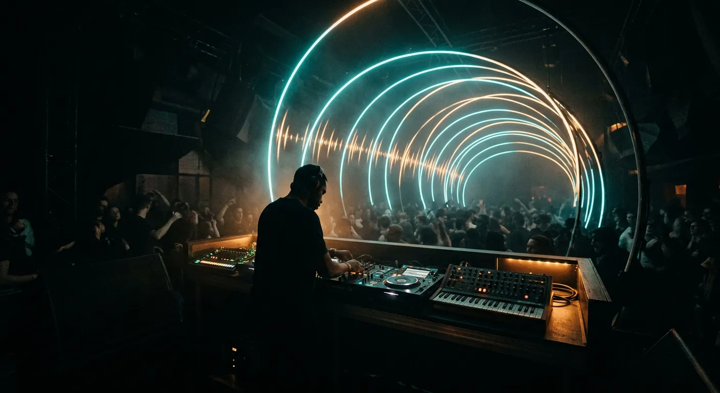 Dark club booth with a DJ mixer and synthesizer surrounded by rings of teal and amber light rising into the air