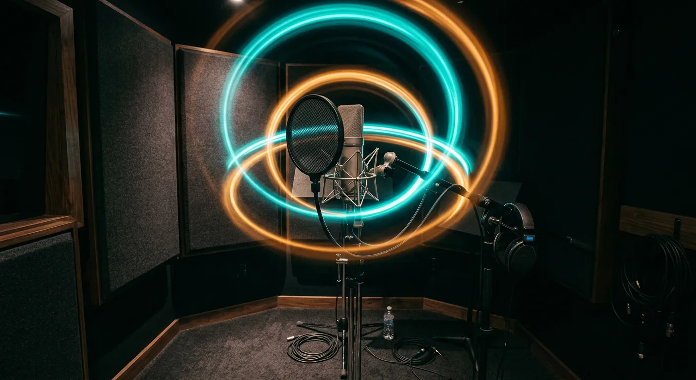 Recording booth with a vocal microphone in front, glowing teal and amber light rings spreading around and above it