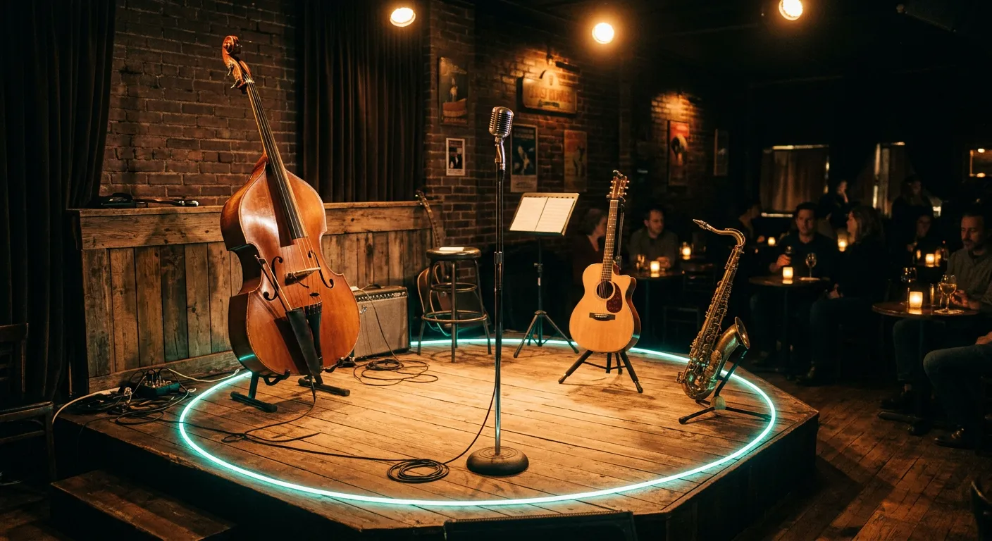 Small wooden stage with an upright bass, acoustic guitar, saxophone and microphone under warm light, ringed by teal circles
