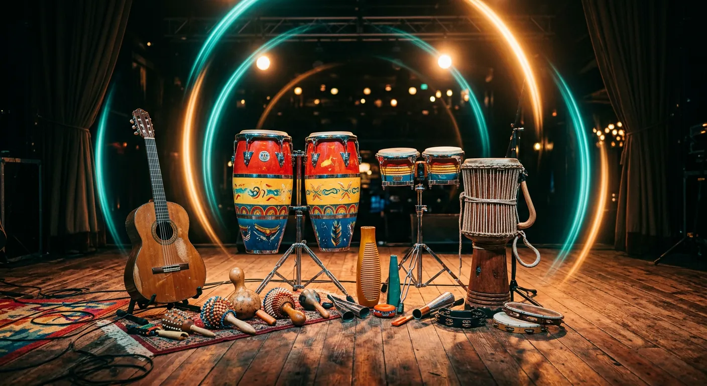 Colourful congas, bongos, a hand drum, maracas and an acoustic guitar on a warm wooden stage ringed by teal and amber light