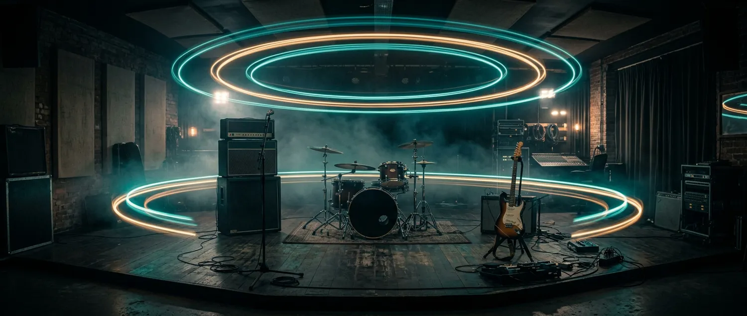 Rehearsal room with a drum kit, guitar amplifiers and an electric guitar, ringed by teal and amber light circles