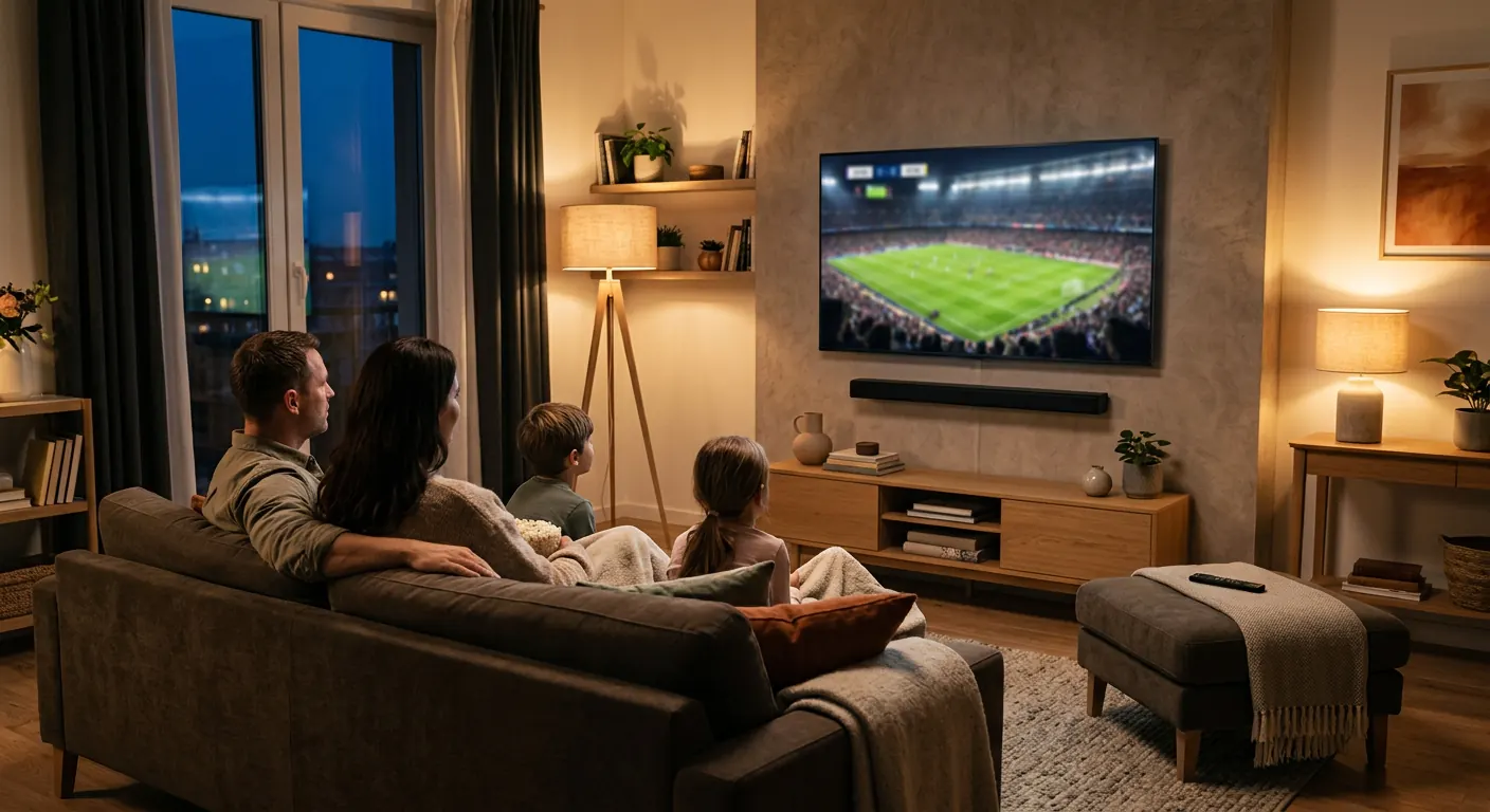 A family watching a football match on a wall-mounted TV with a soundbar in a warm living room