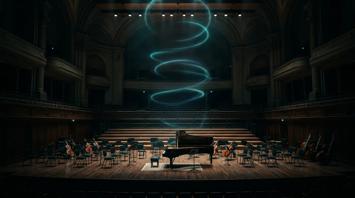 Concert hall stage with a grand piano, choir risers and string chairs under soft light, ringed by teal light circles rising upward