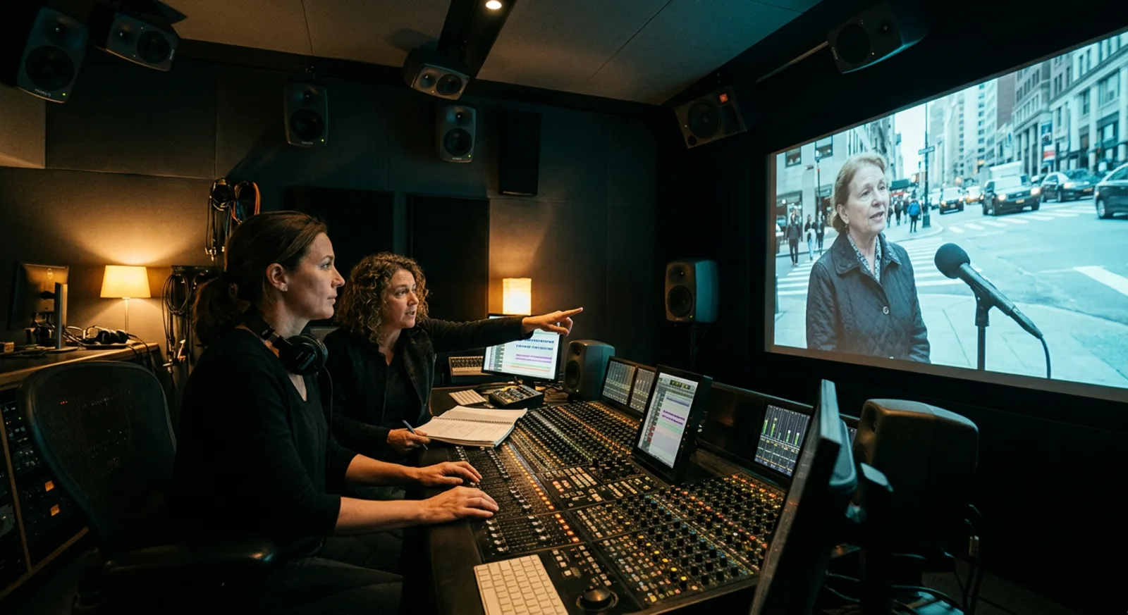 A re-recording mixer and a director review a street interview scene on a large screen in a post-production suite