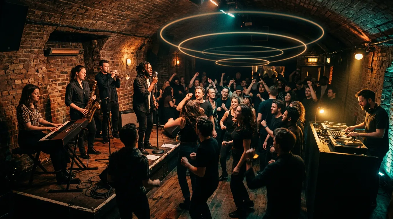 A London basement club with a band of keys, horns and a singer beside a DJ booth, warm amber lights and faint rings of light floating above the dance floor.
