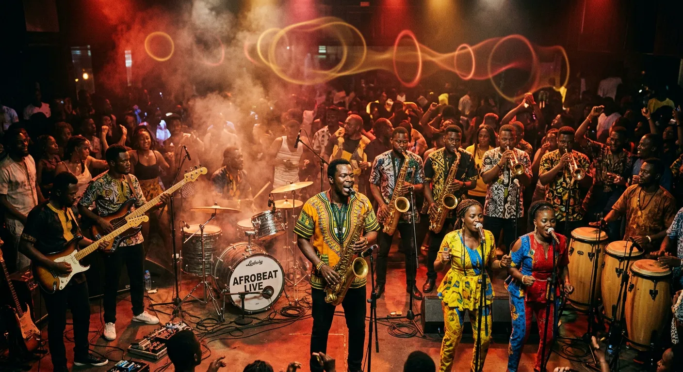 A large Afrobeat band with a horn line of saxophones and trumpets, two guitarists, a bass player, a drummer, percussionists and chorus singers performing in a packed Lagos nightclub, with faint rings of light floating in the air.