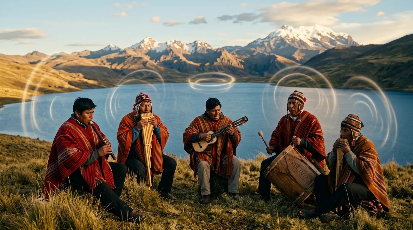 Andean musicians playing quena, panpipes, charango and a large bombo drum on a high mountain plateau near a lake at golden hour, with faint rings of light floating in the air.