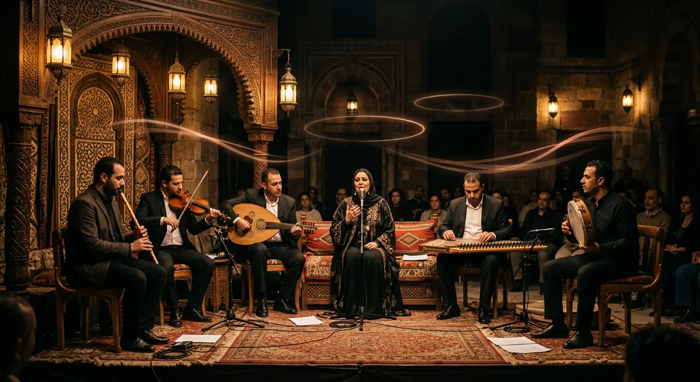 A seated takht ensemble with a singer, oud, qanun, nay, violin and riq performing on a softly lit stage in an old Cairo concert hall, with faint rings of light floating in the air.