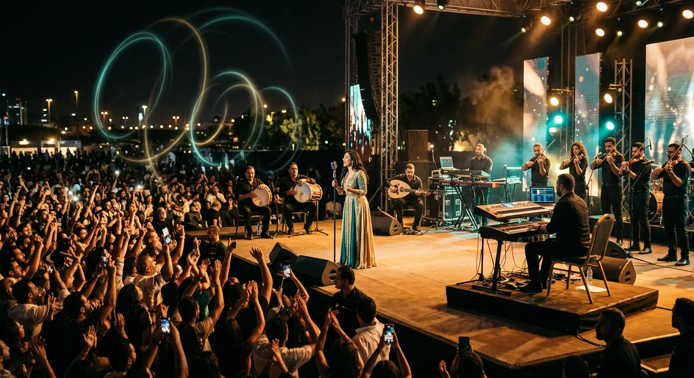 A pop singer performing on a lit stage in a large venue with a band of darbuka, oud, keyboards and a string section behind, the crowd clapping along, with faint rings of light floating in the air.