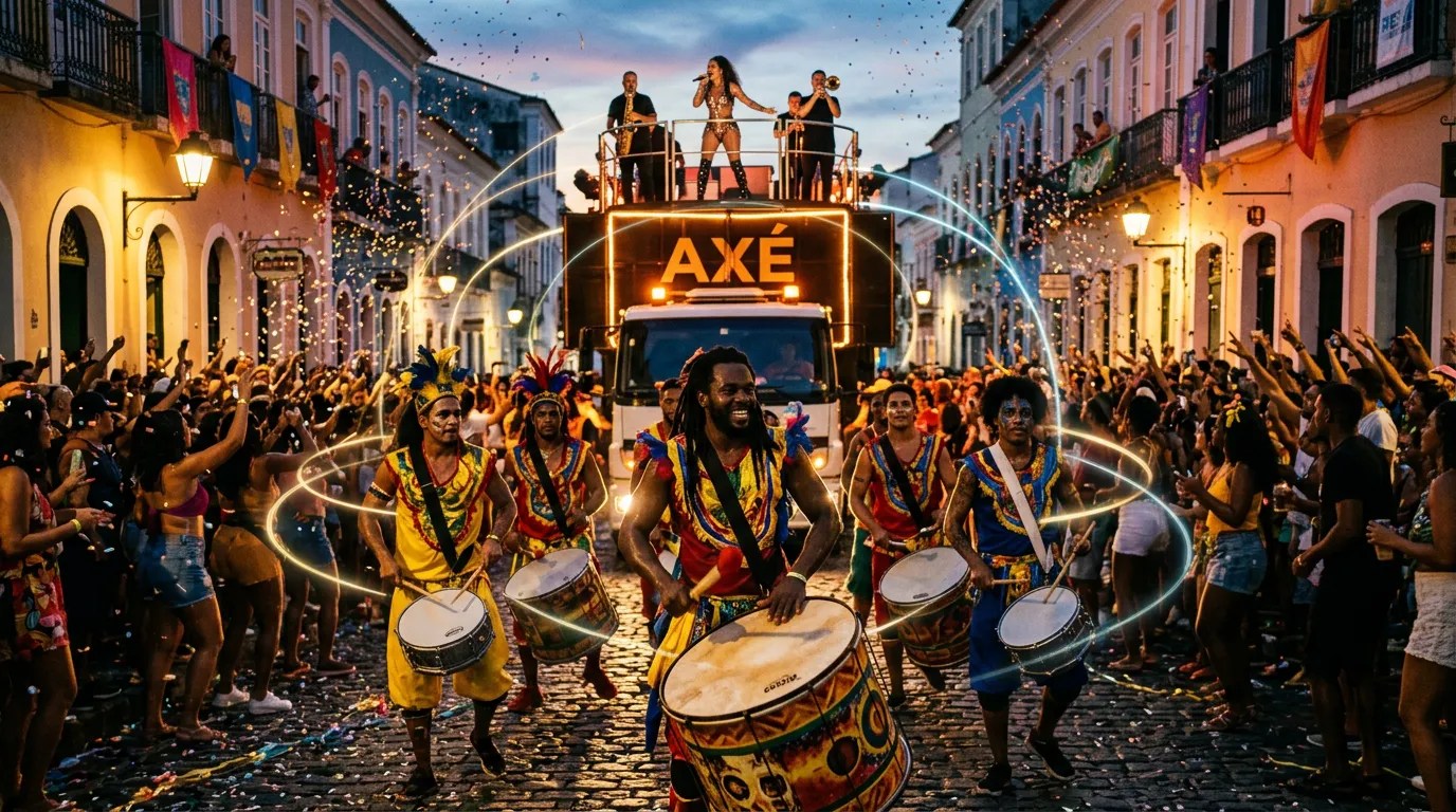 A Bahian carnival drum group with surdos and snares marching past a trio elétrico truck with a singer and brass players on a crowded Salvador street at dusk, with faint rings of light floating in the air.