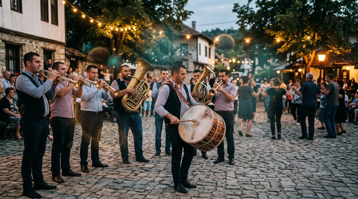 A Balkan brass band with trumpets, flugelhorns, tenor horns, a tuba and a large tapan drum playing in a village square at dusk, with faint rings of teal light in the air.