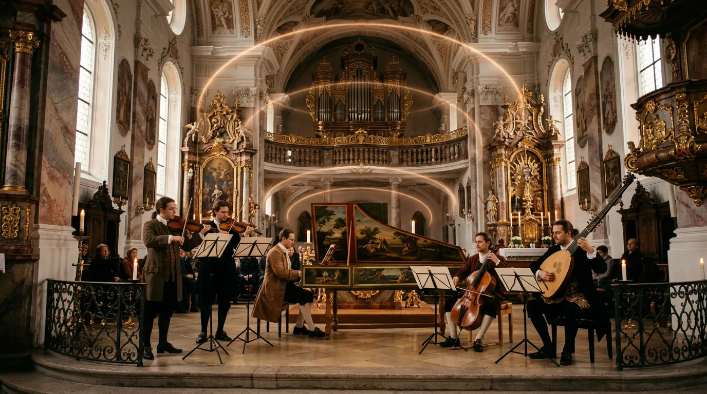 A period instrument ensemble with harpsichord, violins, cello and theorbo playing in a candlelit baroque church, faint rings of light floating up towards the vault.