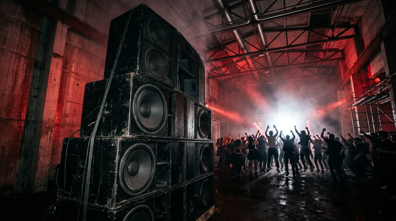 A towering stack of black subwoofers in a hazy concrete warehouse, lit deep red, with a white strobe freezing a jumping crowd behind.