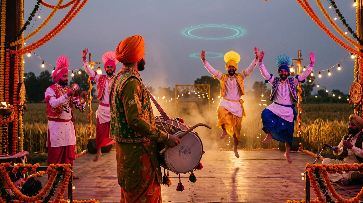 A dhol player and bhangra dancers in bright turbans and kurtas perform on a festive outdoor stage, with a tumbi player beside them and faint rings of teal light floating in the air.