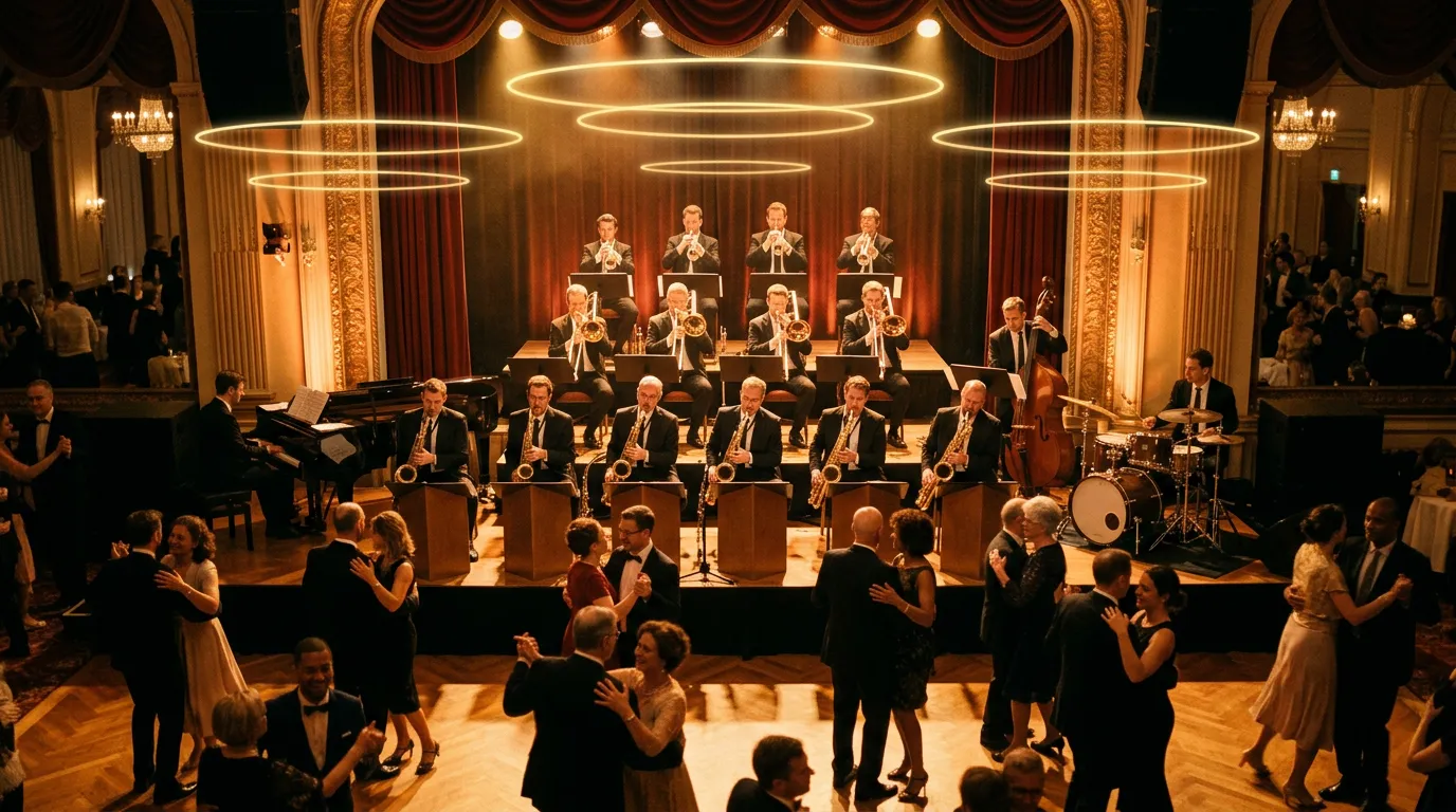 A full big band on a warm-lit ballroom stage with saxophones in front, brass on risers behind and faint rings of light floating above the dance floor.