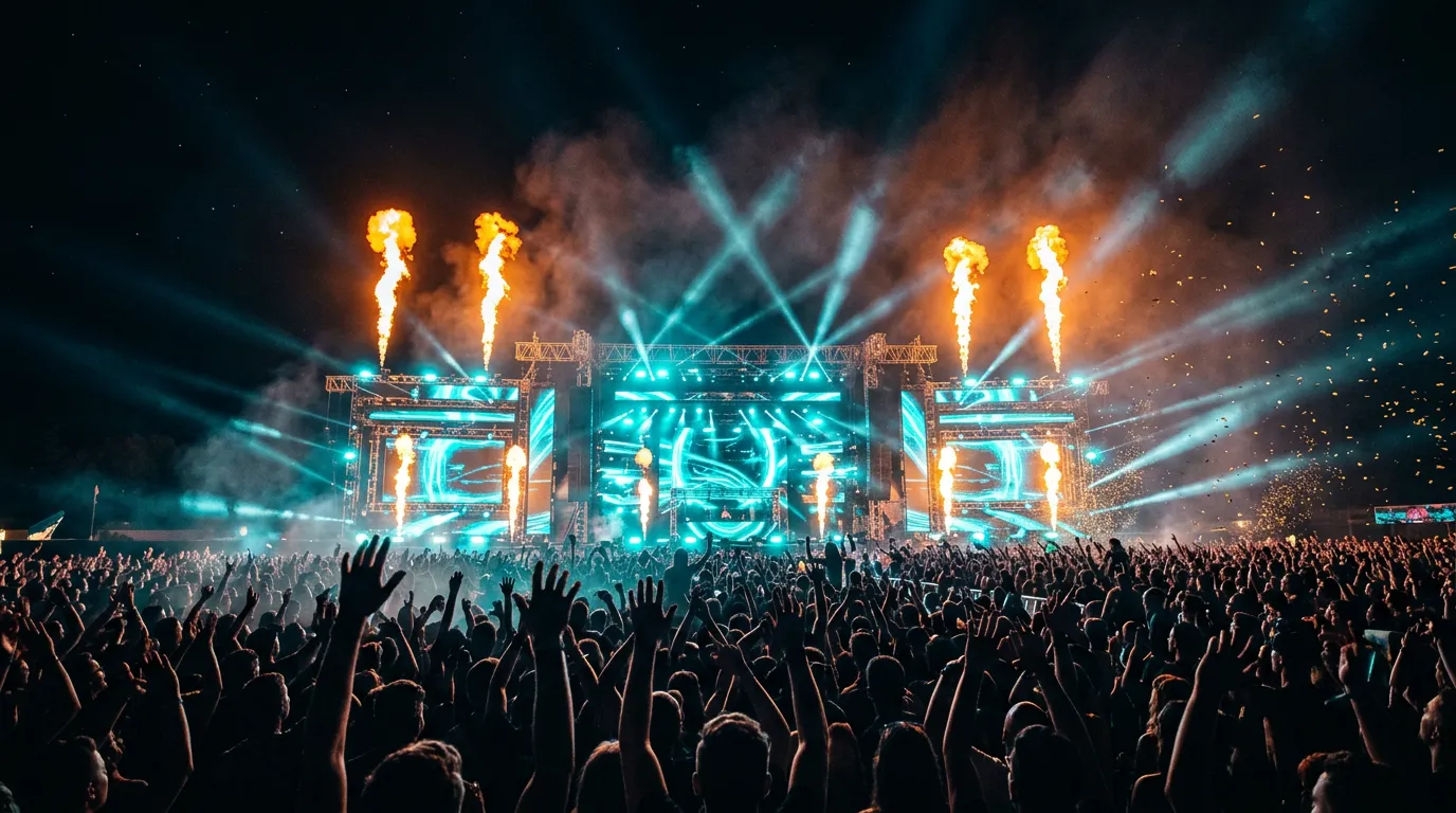 A huge open-air festival stage glowing cyan at night, with orange flame columns, light beams in the smoke and a sea of raised hands in front.