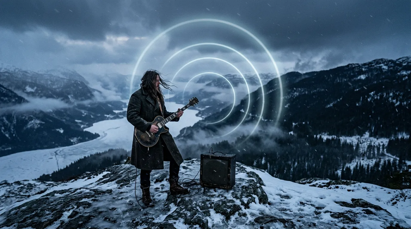 A lone guitarist standing on a misty, snow-dusted mountain ridge at dusk beside a small amplifier, pine forest below and faint rings of light floating in the cold air.
