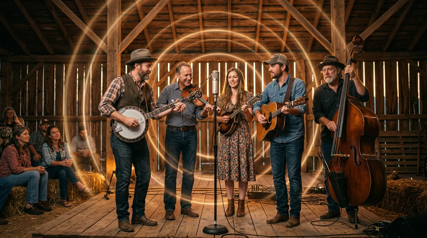 A bluegrass band with banjo, mandolin, fiddle, guitar and upright bass gathered around one microphone in a wooden barn, with faint rings of light floating in the air.