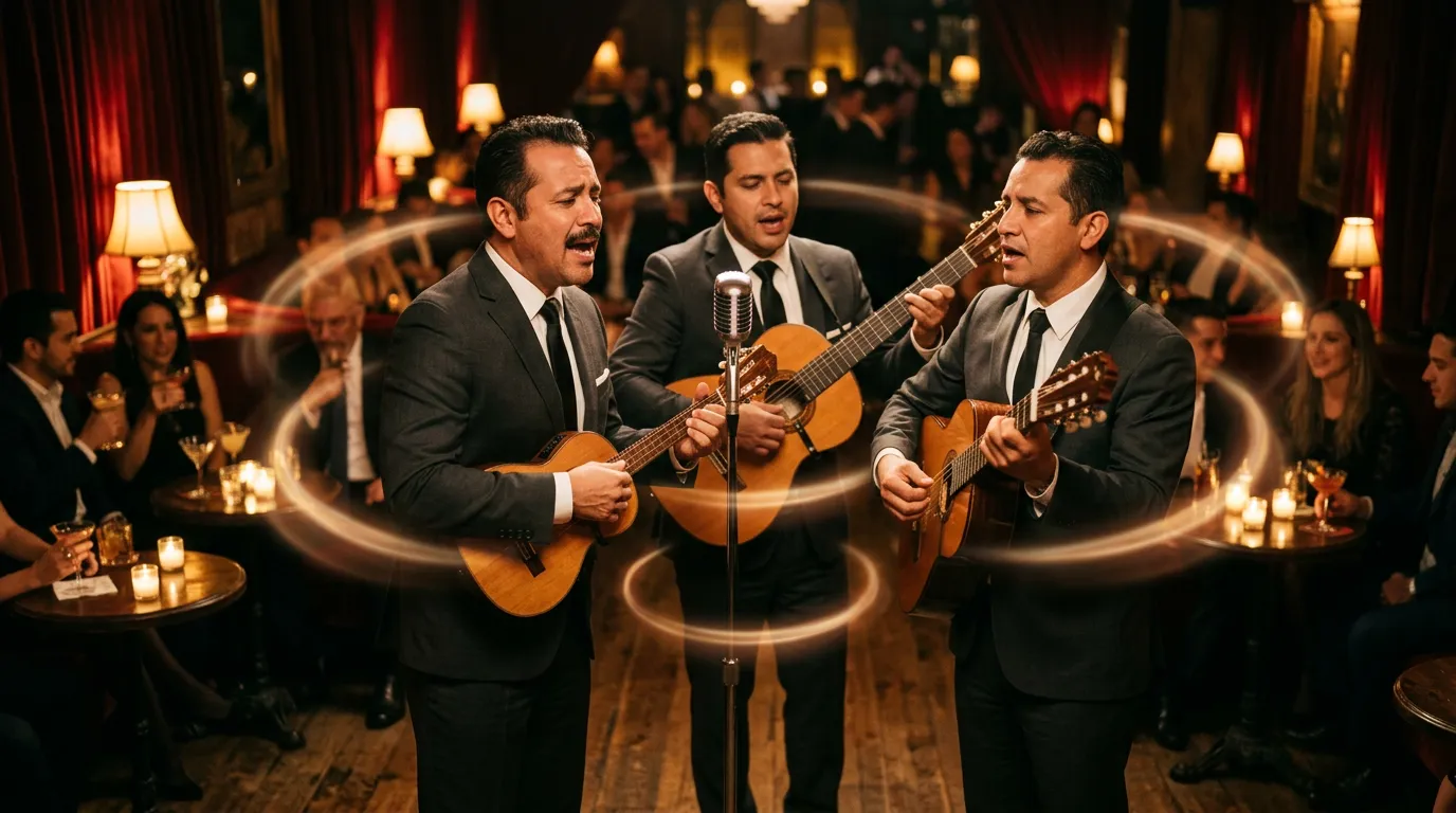 A romantic trio in suits with two guitars and a requinto singing around a vintage microphone in a candlelit Havana-style nightclub, with faint rings of light floating in the air.