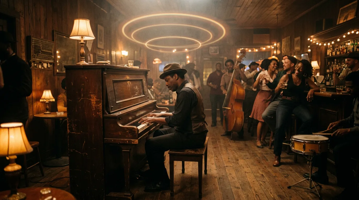 An upright piano in a dim, smoky juke joint with a pianist playing, a small crowd around, warm lamps glowing and faint rings of light floating above the keys.